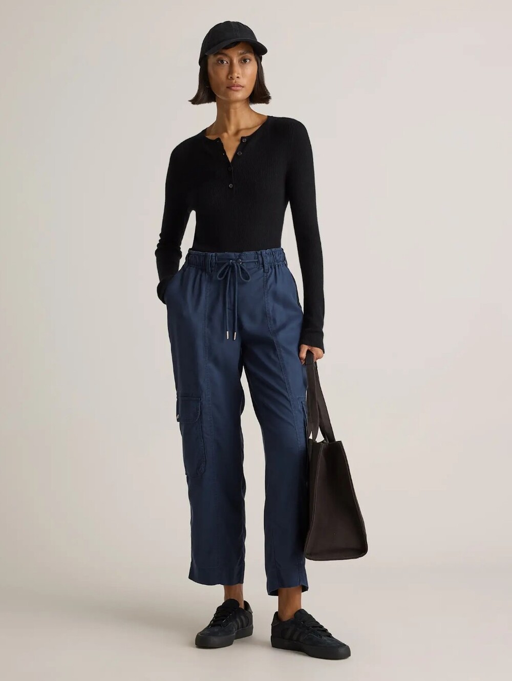 Quince Vintage Wash Tencel Cargo Pants Midnight Blue Drawstring Relaxed Fit M